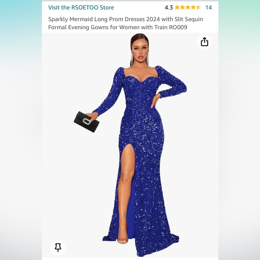 Sparkly long sleeve mermaid dress with slit, royal blue, size 10